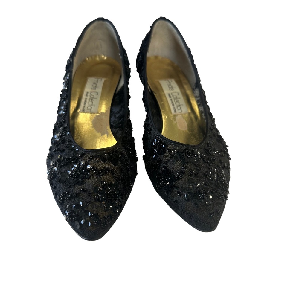 Private Collection Vintage Black Lace Sequin Beaded Kitten Heels Pumps Size 9 AA